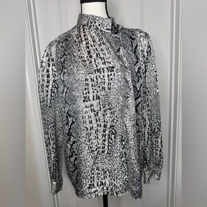 Vintage Tess Reptile Print Asymmetrical Button Down Blouse, Sz 12